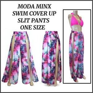 MODA MINX Vibrant Pink and Blue Sheer High Slits Animal Print Beach Pants